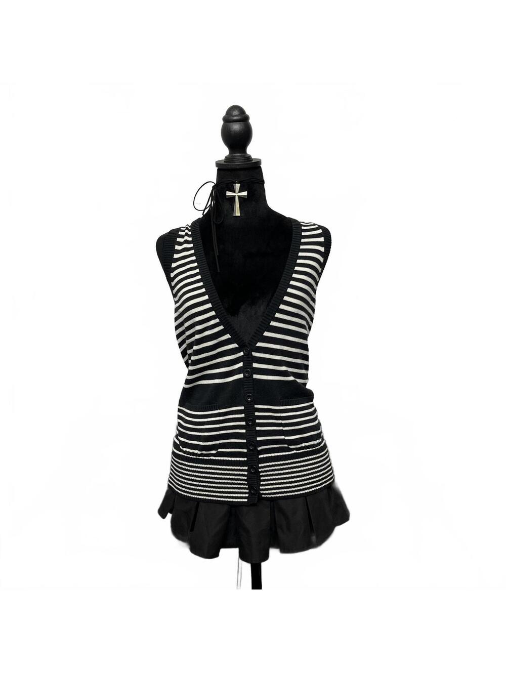 Y2K Foxy Jeans Sz S Black & White Striped Buttoned Vest 2000s Emo Grunge Twee